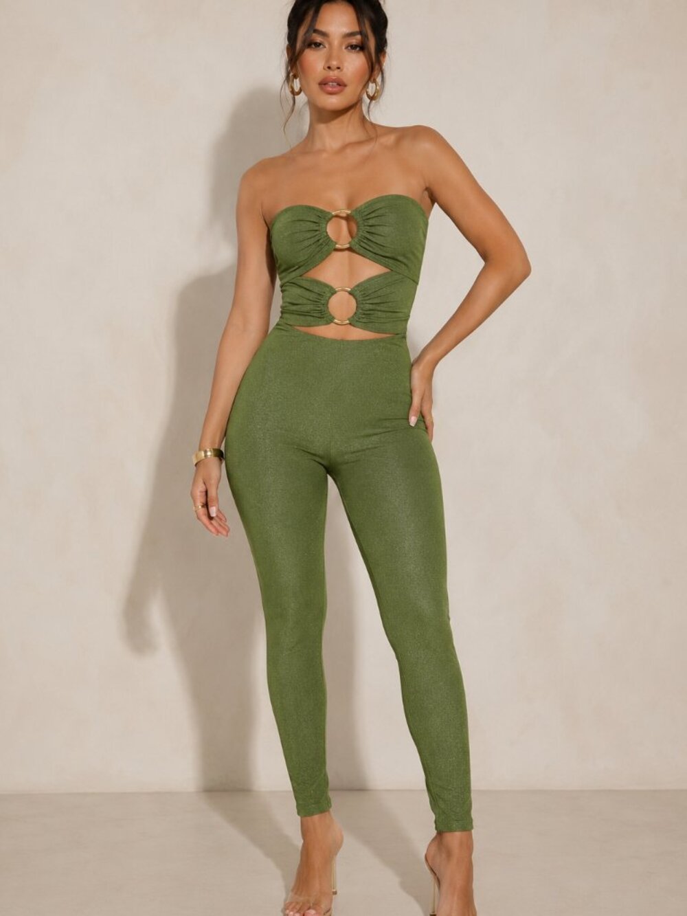 NWT May Pink Olive Sage Green Strapless Gold Ring Cutout Bodycon Jumpsuit